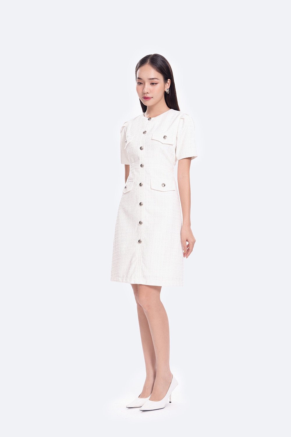 Đầm trắng công sở chữ A phối nút KK118-12 | Thời trang công sở K&K ...