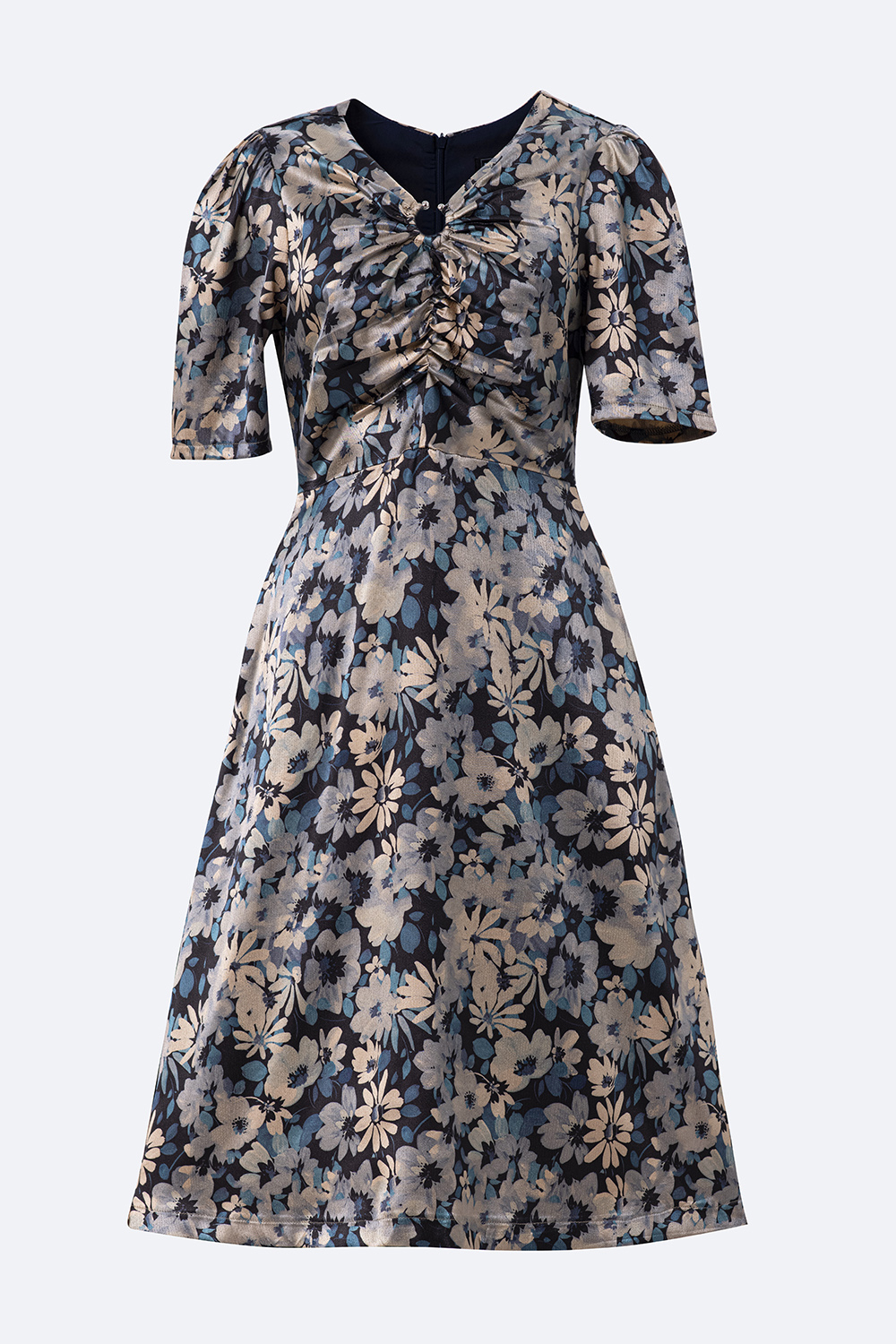 Đầm xòe hoa cổ V nhún ngực