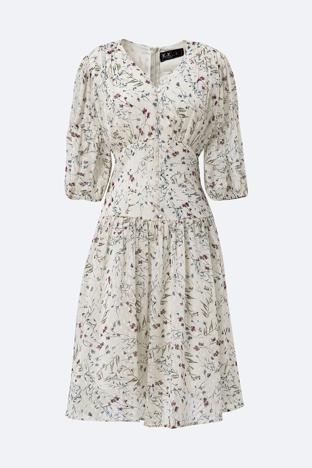 Đầm hoa nhí dáng xòe nhấn eo cổ V