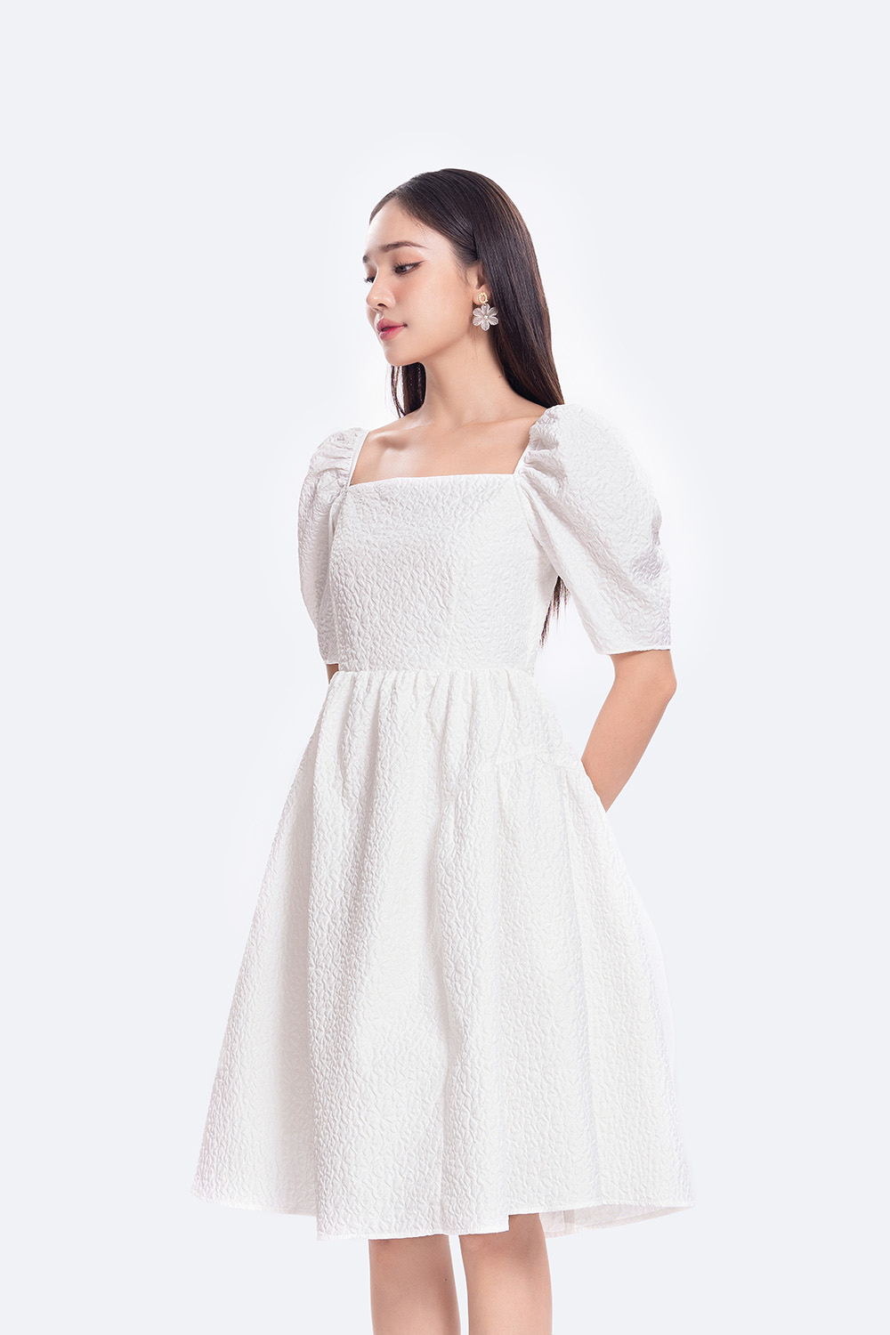 Đầm trắng dáng xòe cổ vuông tay phồng KK119-08 | Thời trang công ...