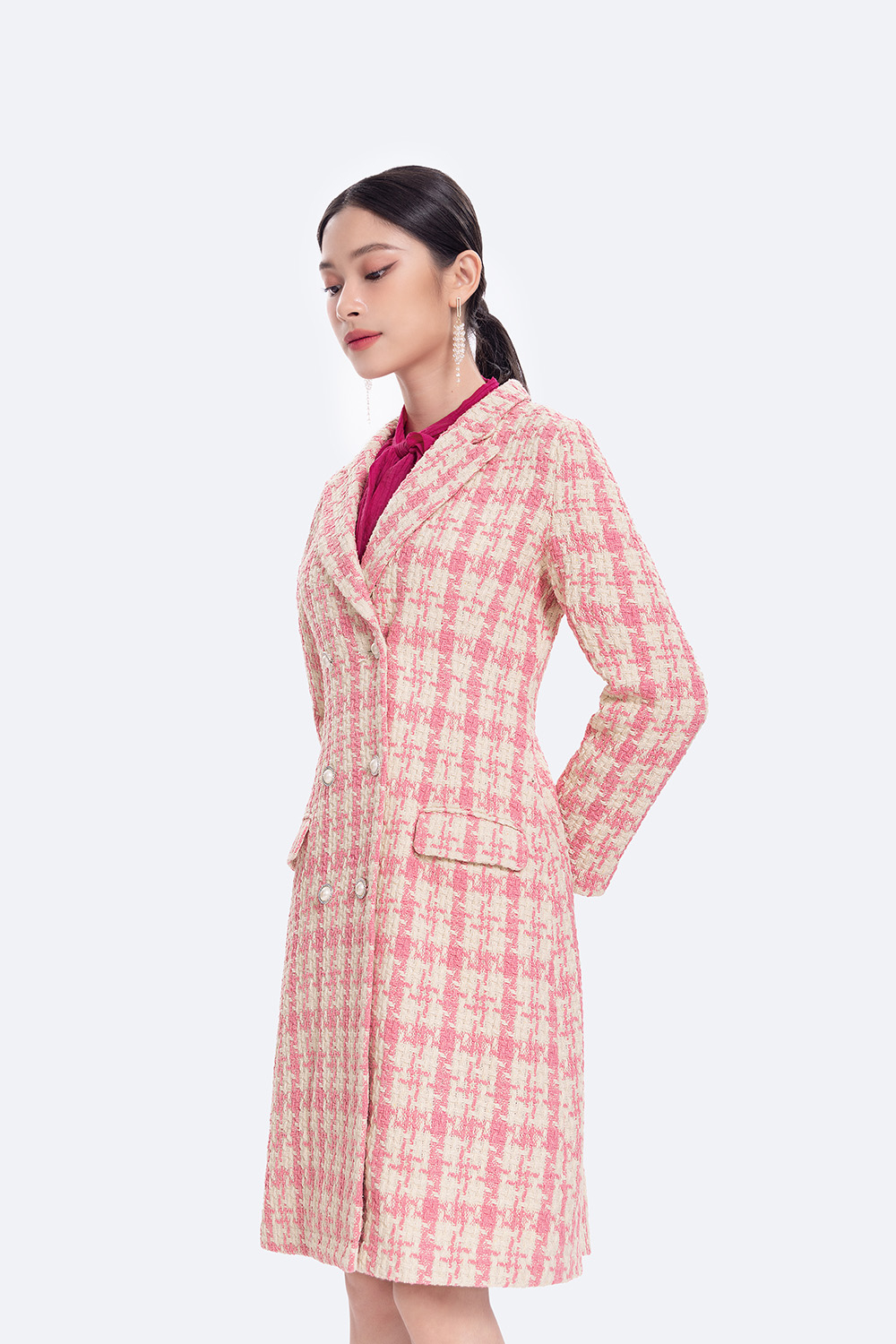 Đầm dáng dài vải tweed cổ đan tông