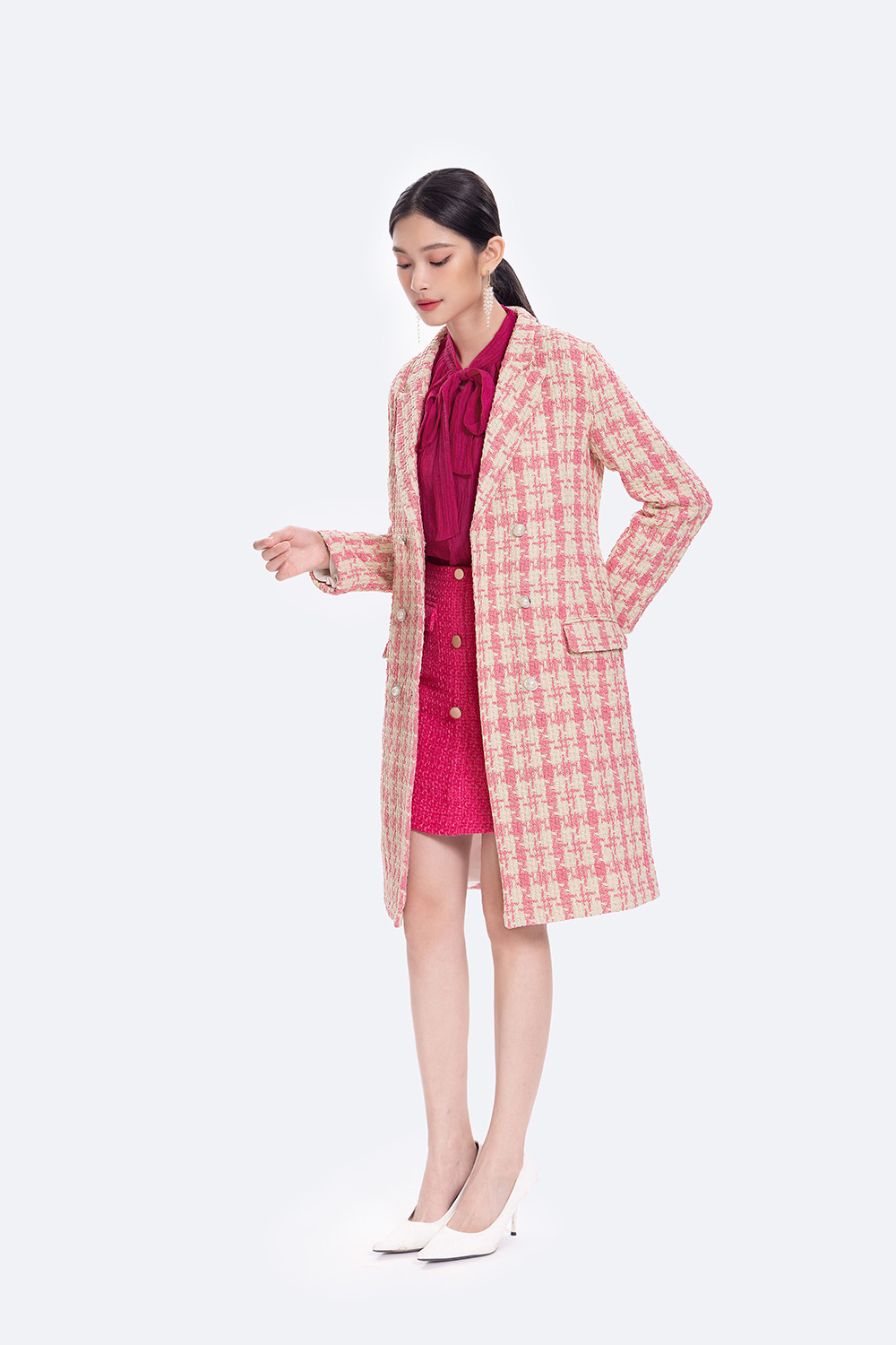 Đầm dáng dài vải tweed cổ đan tông