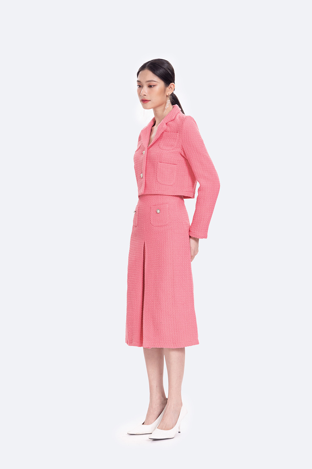 Chân váy tweed dáng midi phối túi giả