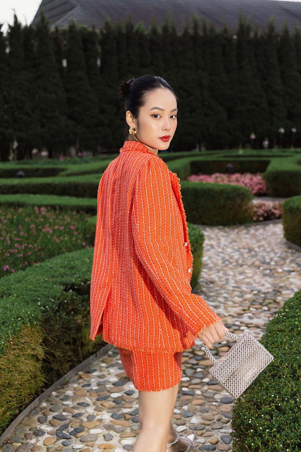 Áo khoác tweed nữ tay dài màu cam AK11-08