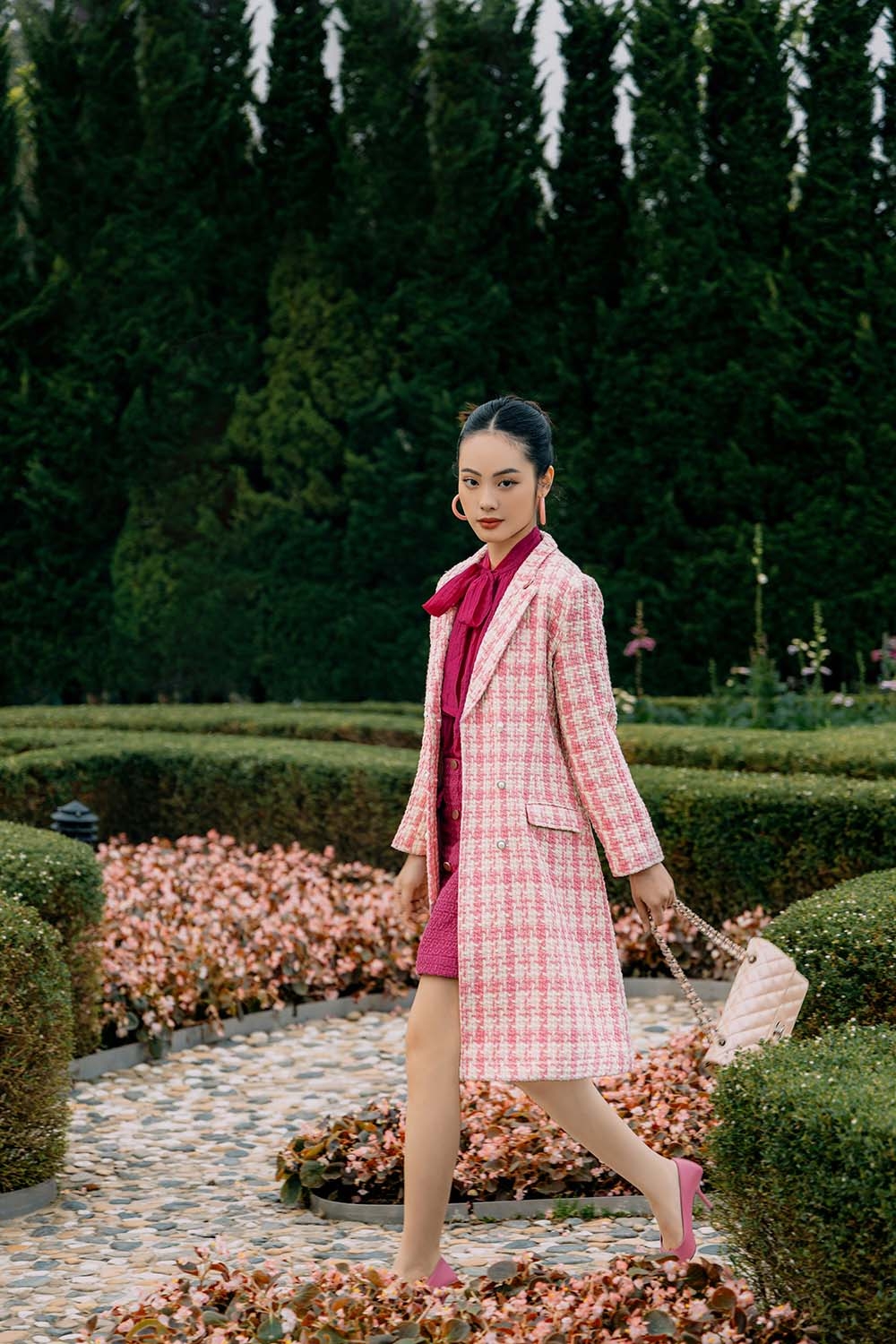 Đầm dáng dài vải tweed cổ đan tông KK120-30