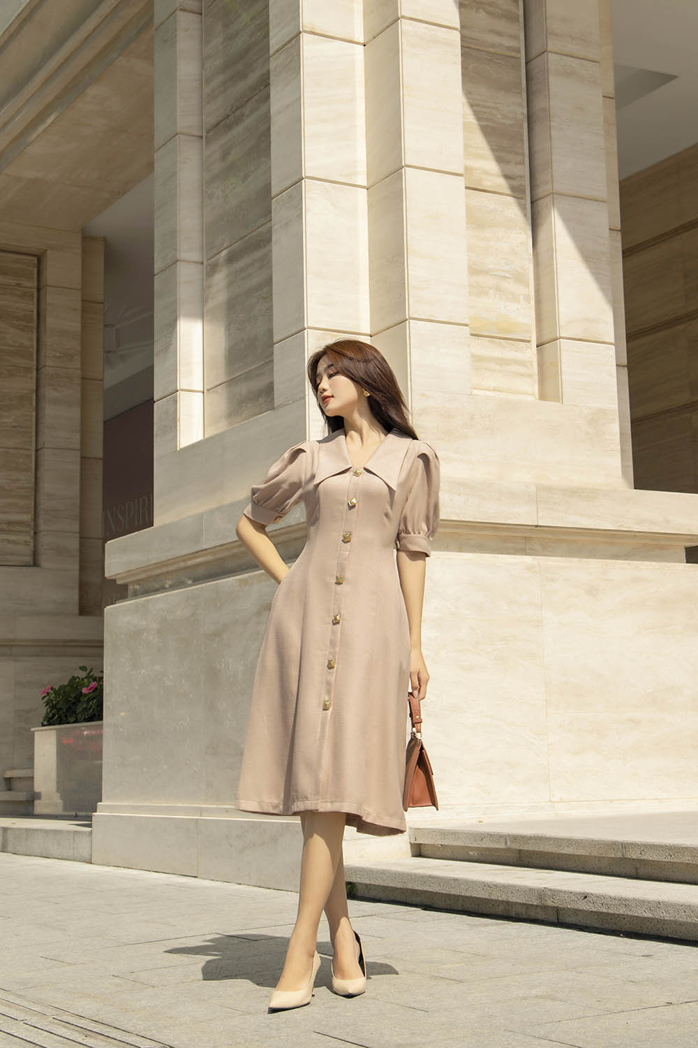 Đầm xòe công sở cổ sen tay phồng