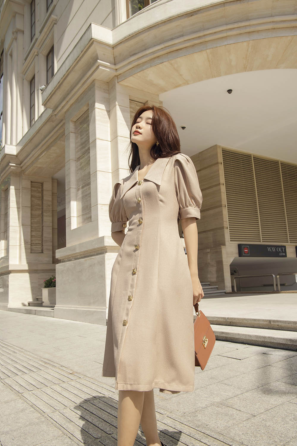 Đầm xòe công sở cổ sen tay phồng