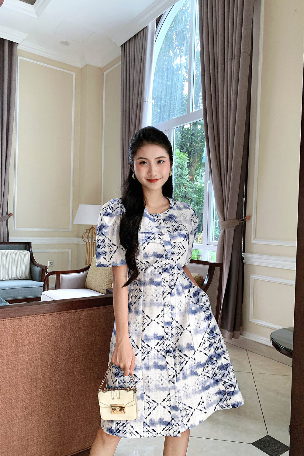 Đầm chữ A họa tiết công sở nữ cổ tròn