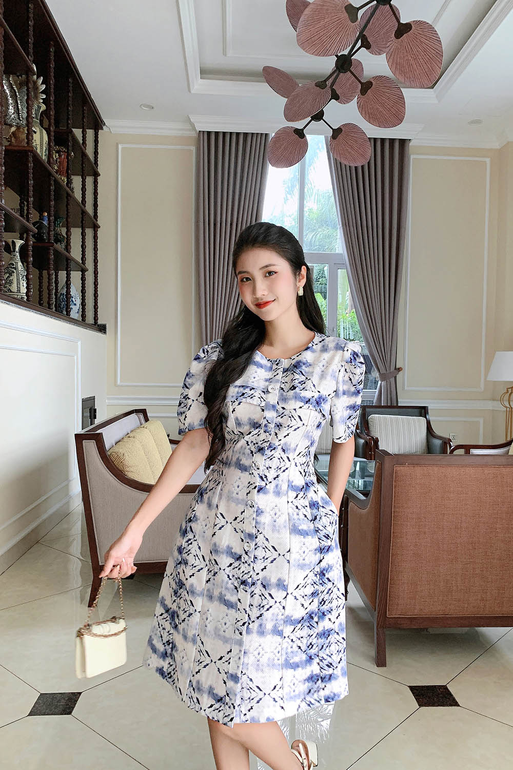 Đầm chữ A họa tiết công sở nữ cổ tròn