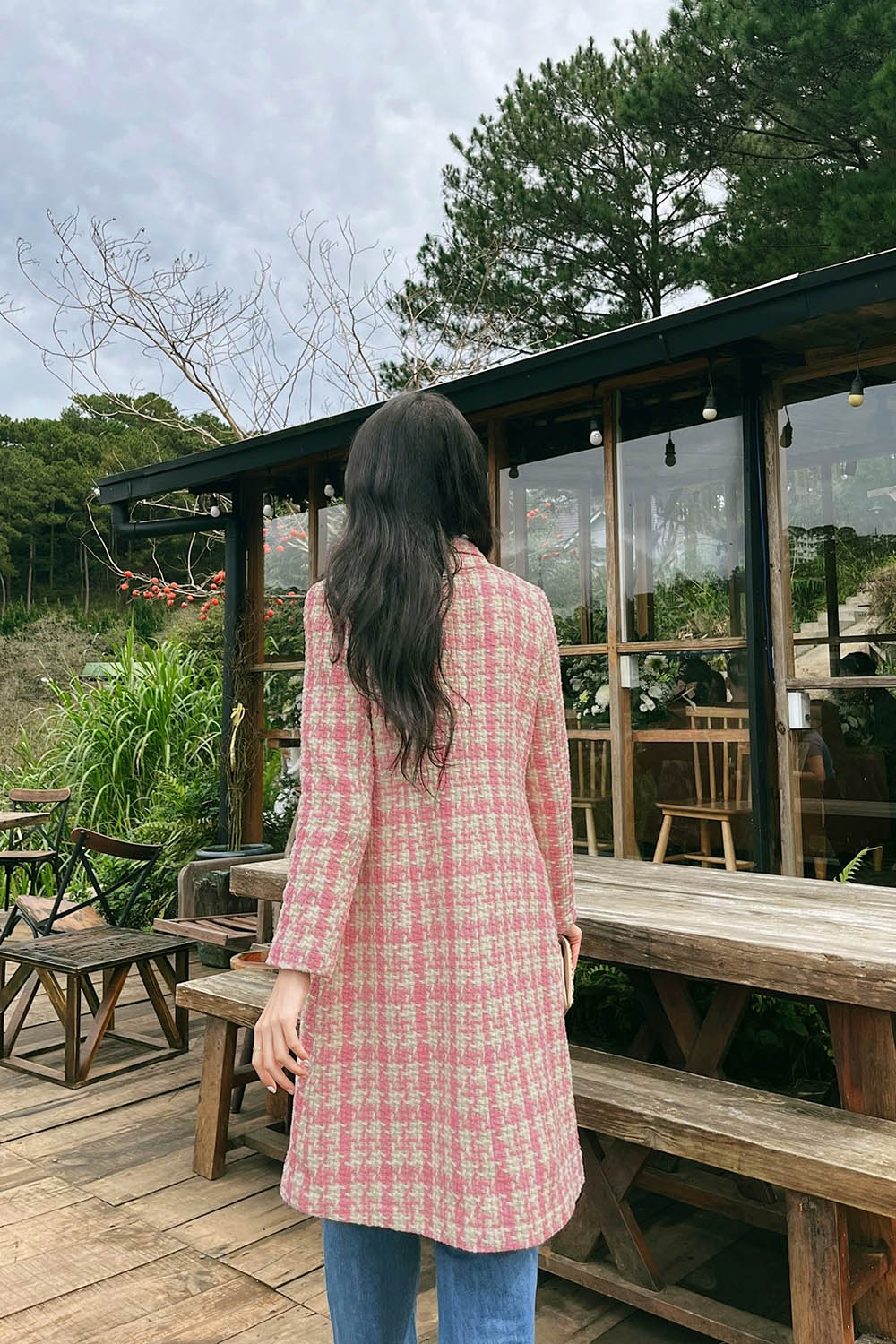 Đầm dáng dài vải tweed cổ đan tông