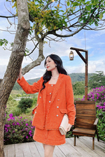 Áo khoác tweed nữ tay dài màu cam