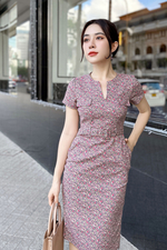 Đầm ôm công sở họa tiết phối đai eo