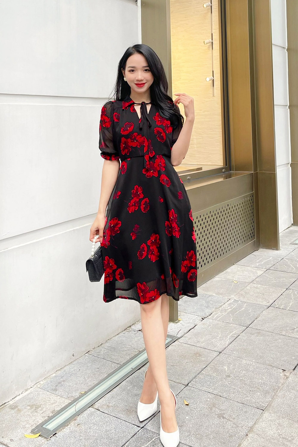 Đầm hoa dáng xòe cổ sơ mi phối nơ