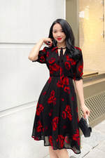 Đầm hoa dáng xòe cổ sơ mi phối nơ
