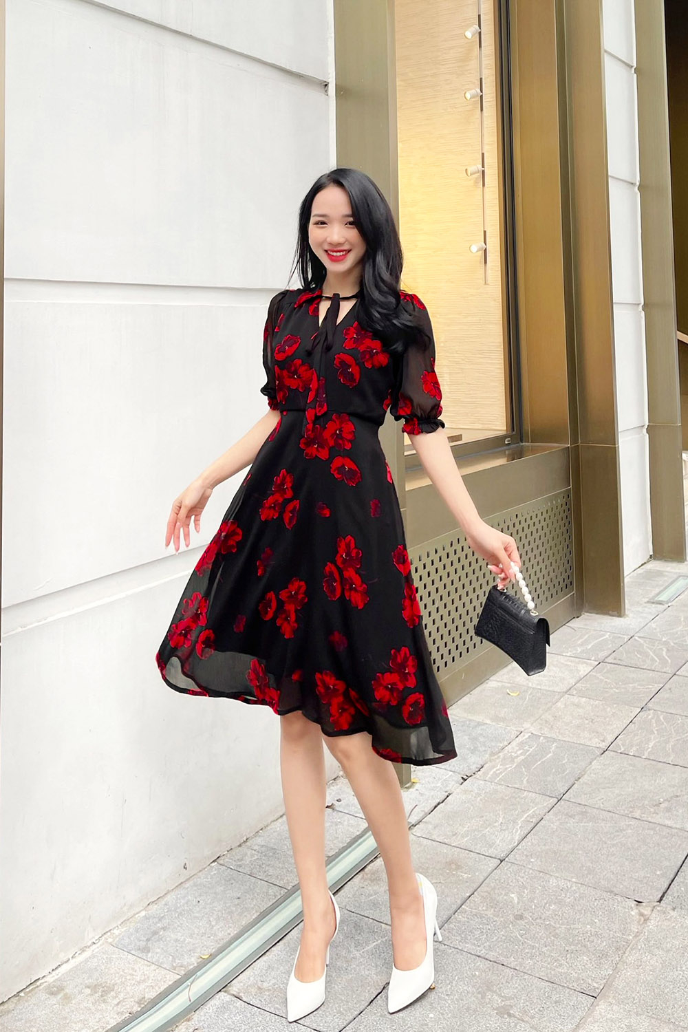 Đầm hoa dáng xòe cổ sơ mi phối nơ