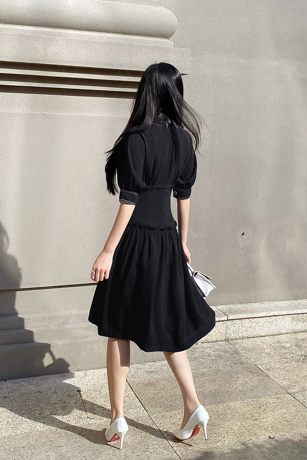 Đầm xòe đen công sở nhấn eo viền trắng KK114-26 | Thời trang công ...