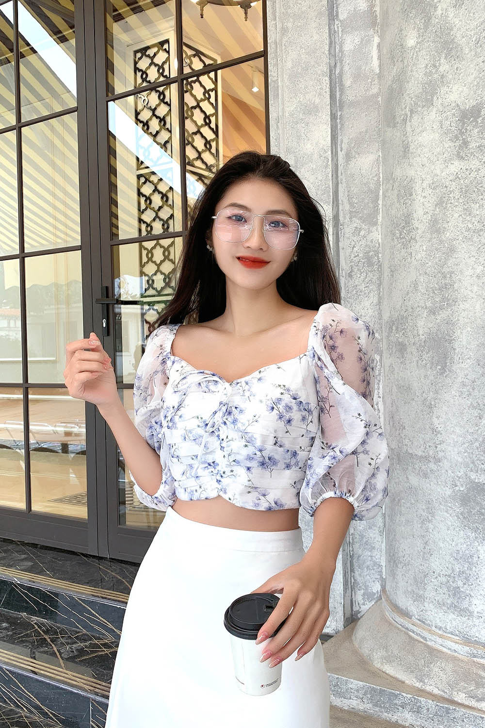 Áo kiểu nữ croptop hoa cổ vuông