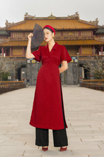 Áo dài tết màu đỏ cổ đan tông tà xẻ