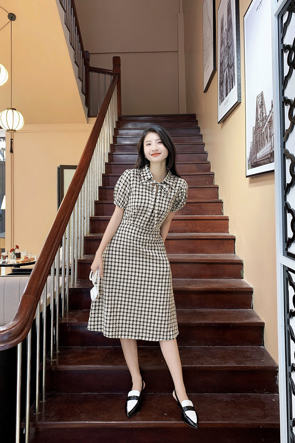 Đầm caro dáng chữ A cổ sơ mi phối nơ