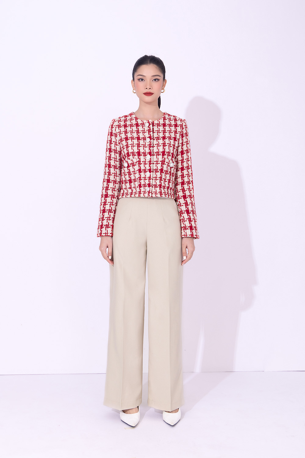 Áo khoác tweed nữ dáng ngắn tay dài