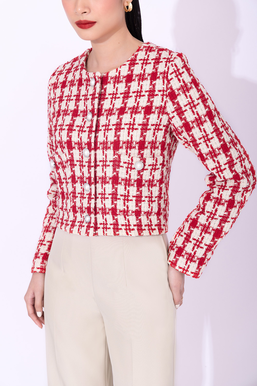 Áo khoác tweed nữ dáng ngắn tay dài