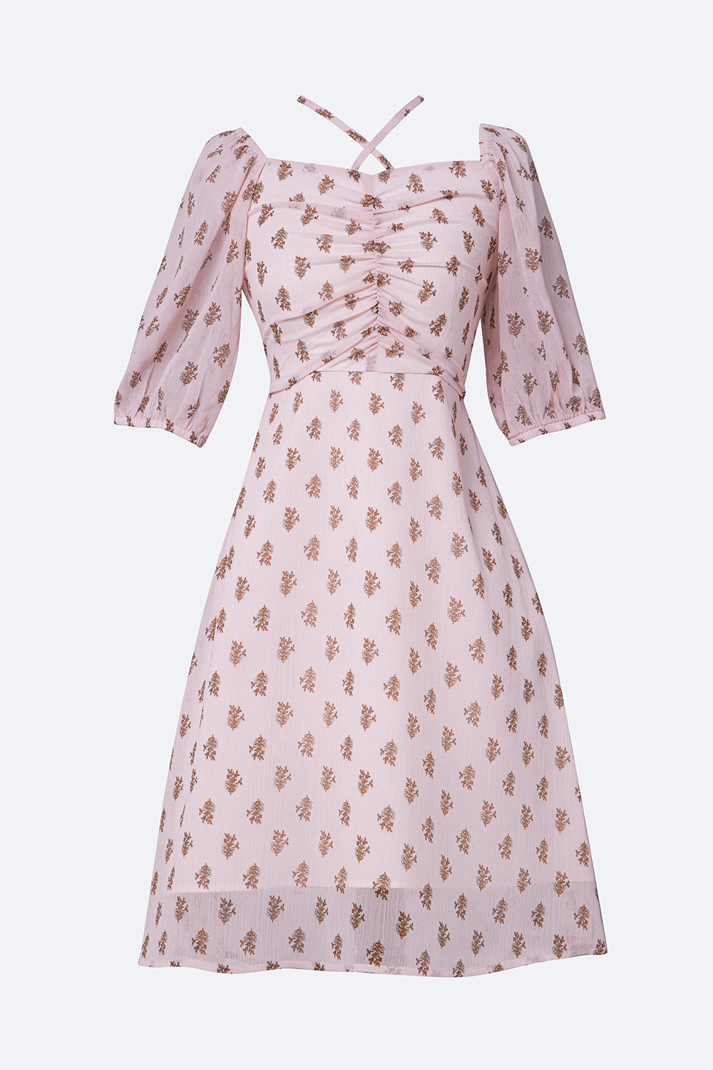 Đầm chữ A họa tiết nhấn ngực phối nơ