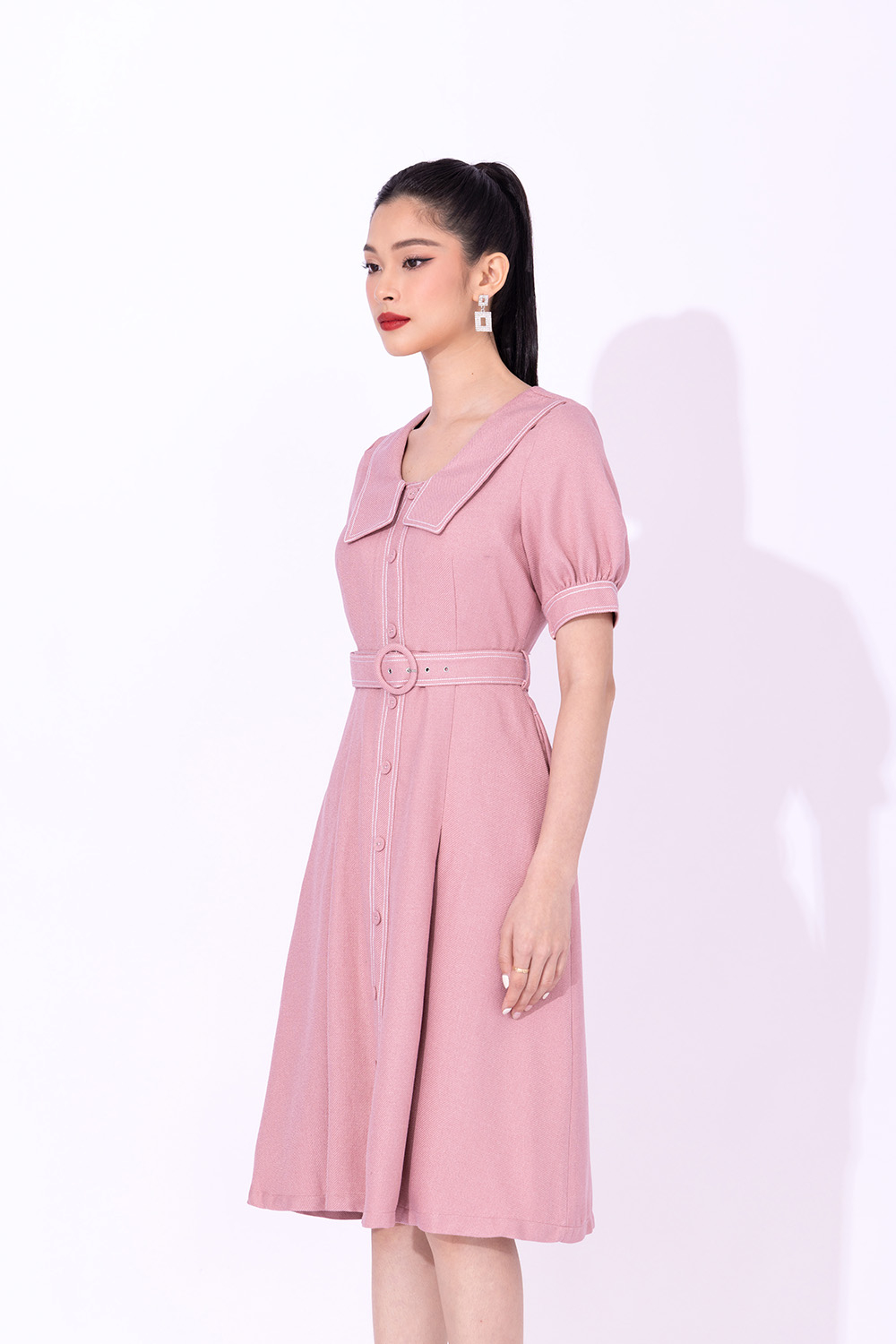 Đầm công sở dáng xòe phối đai eo