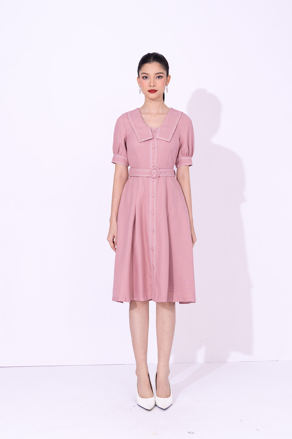 Đầm công sở dáng xòe phối đai eo