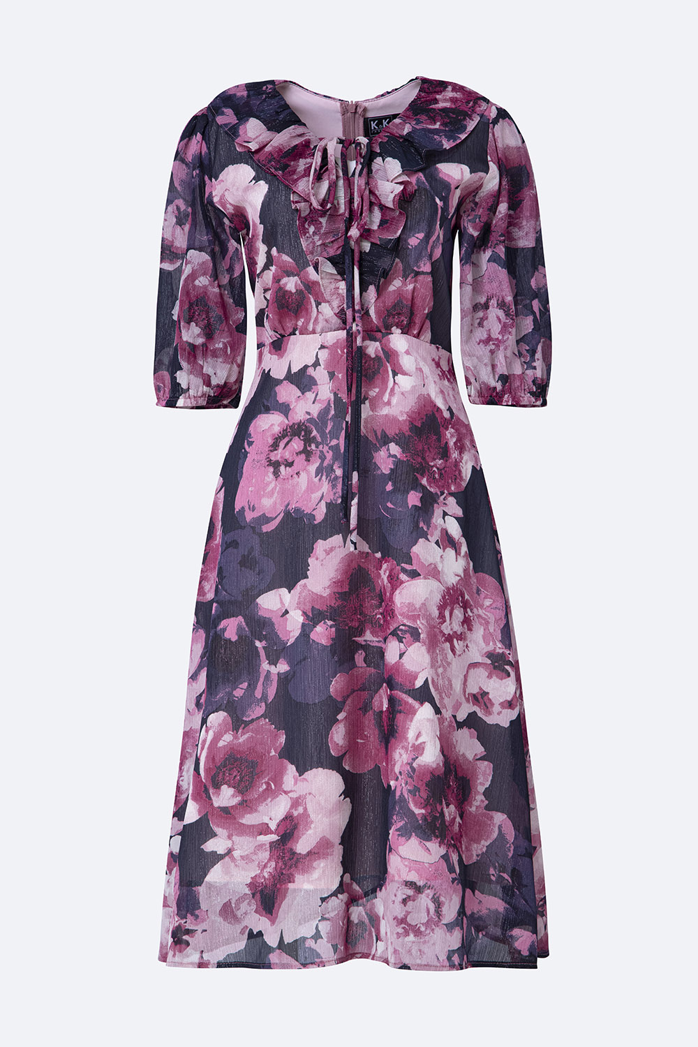 Đầm xòe midi họa tiết hoa tay lửng