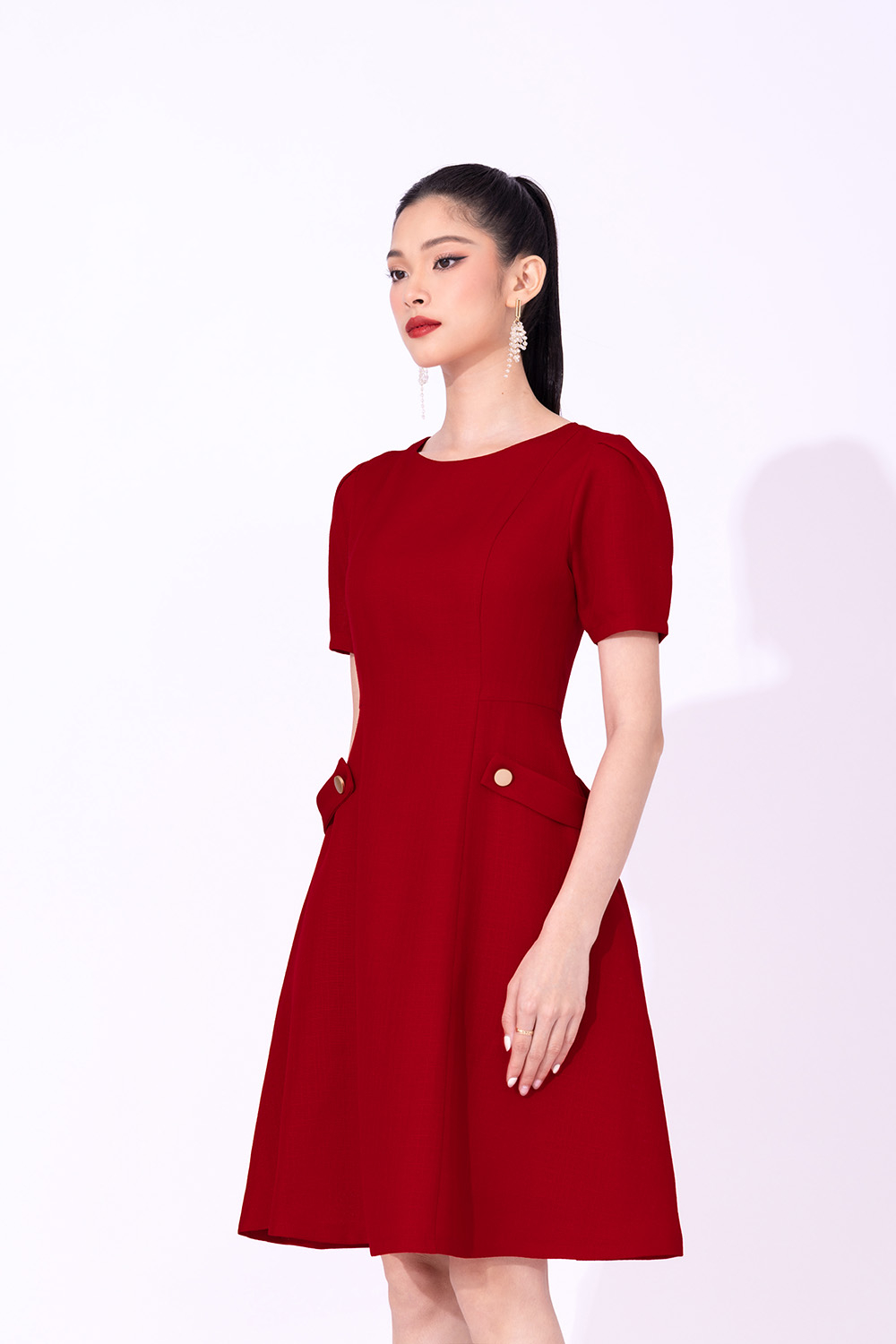 Đầm váy cổ vuông nhúng ngực nút bọc 2 màu (kèm hình thật) | Shopee Việt Nam