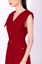 Đầm đỏ dự tiệc dáng xòe vải tweed