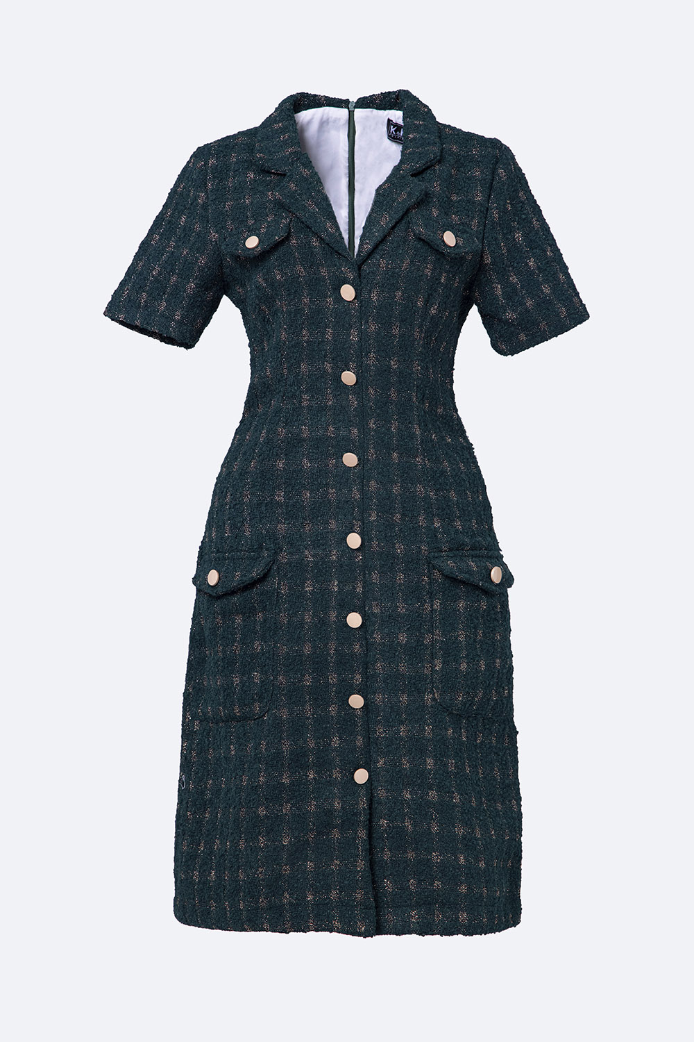 Đầm vải tweed dáng sơ mi phối túi