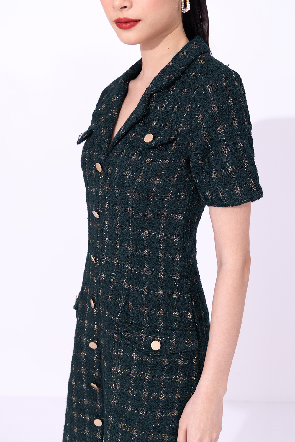 Đầm vải tweed dáng sơ mi phối túi