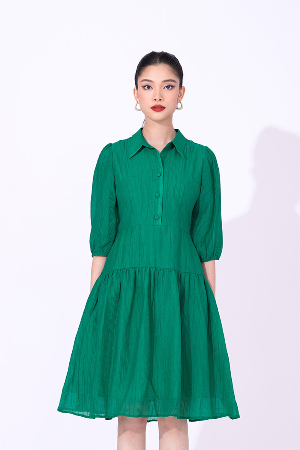 Đầm xòe công sở cổ sơ mi hạ eo