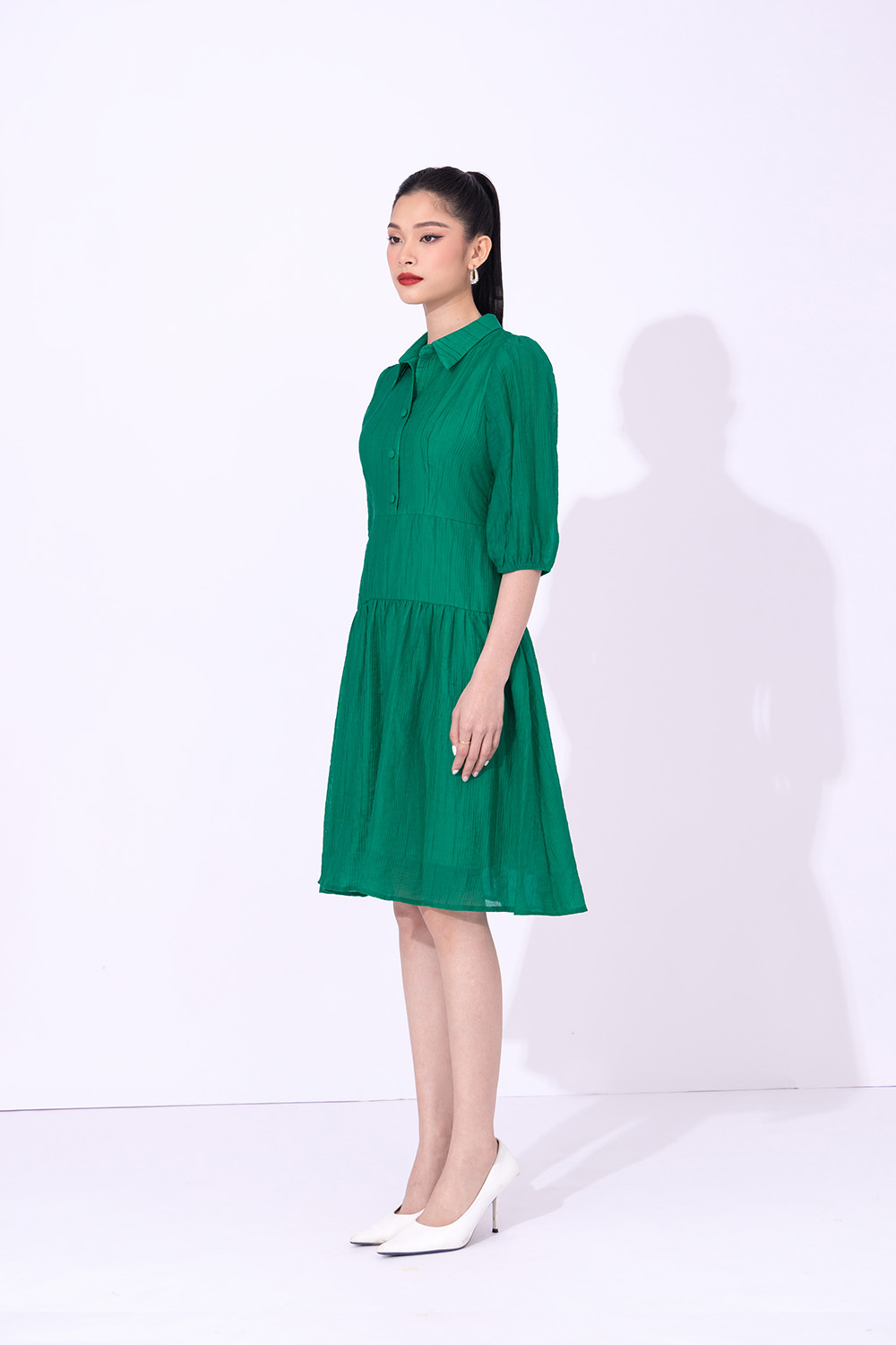 Đầm xòe công sở cổ sơ mi hạ eo