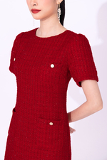 Đầm đỏ dáng suông vải tweed sang trọng