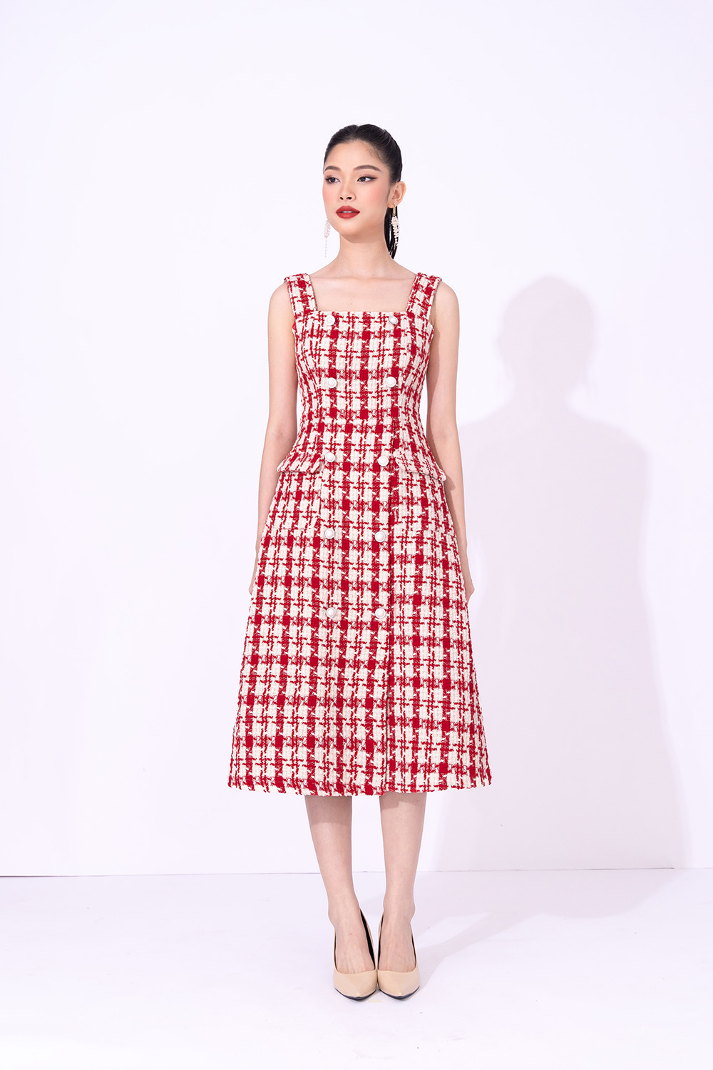 Đầm dự tiệc midi hai dây phối nút