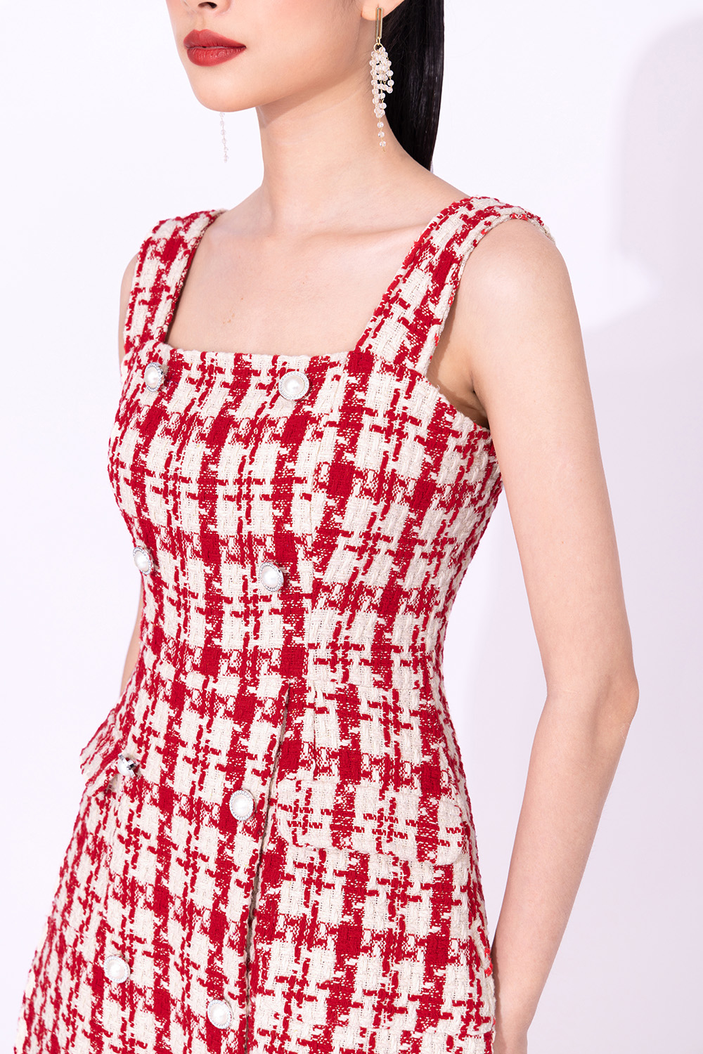 Đầm dự tiệc midi hai dây phối nút