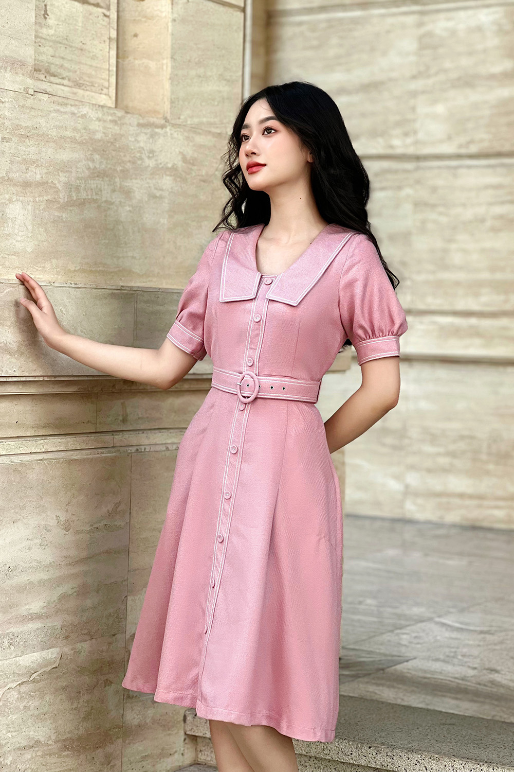 Đầm công sở dáng xòe phối đai eo