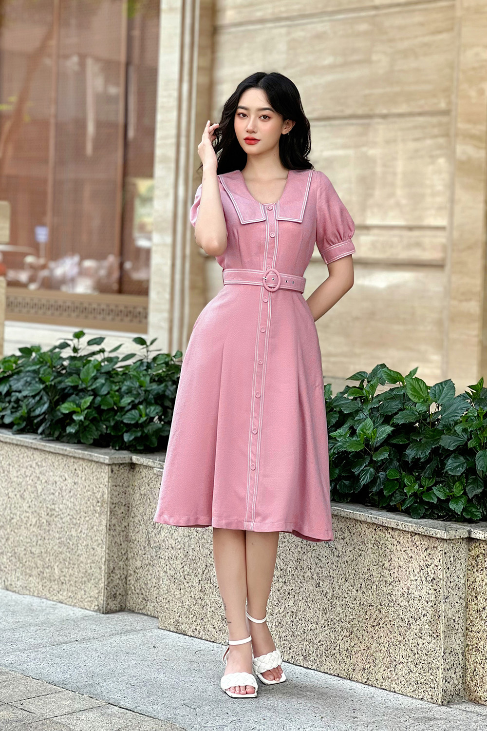 Đầm công sở dáng xòe phối đai eo