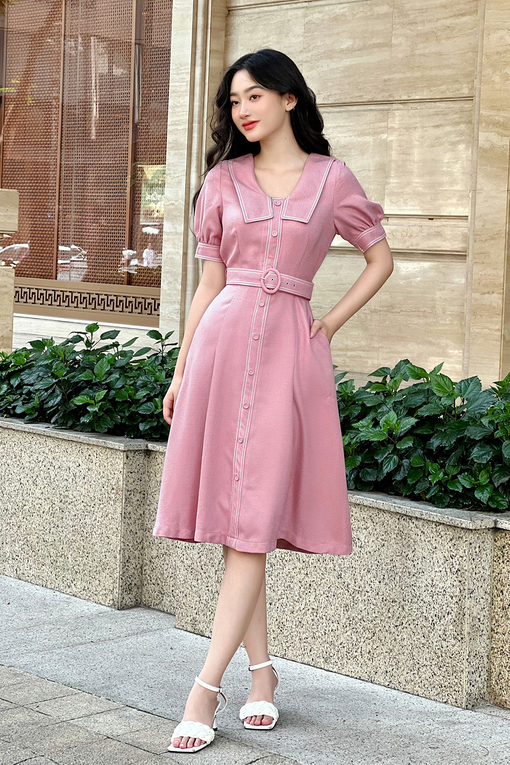 Đầm công sở dáng xòe phối đai eo