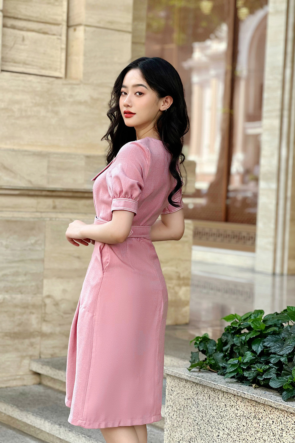 Đầm công sở dáng xòe phối đai eo