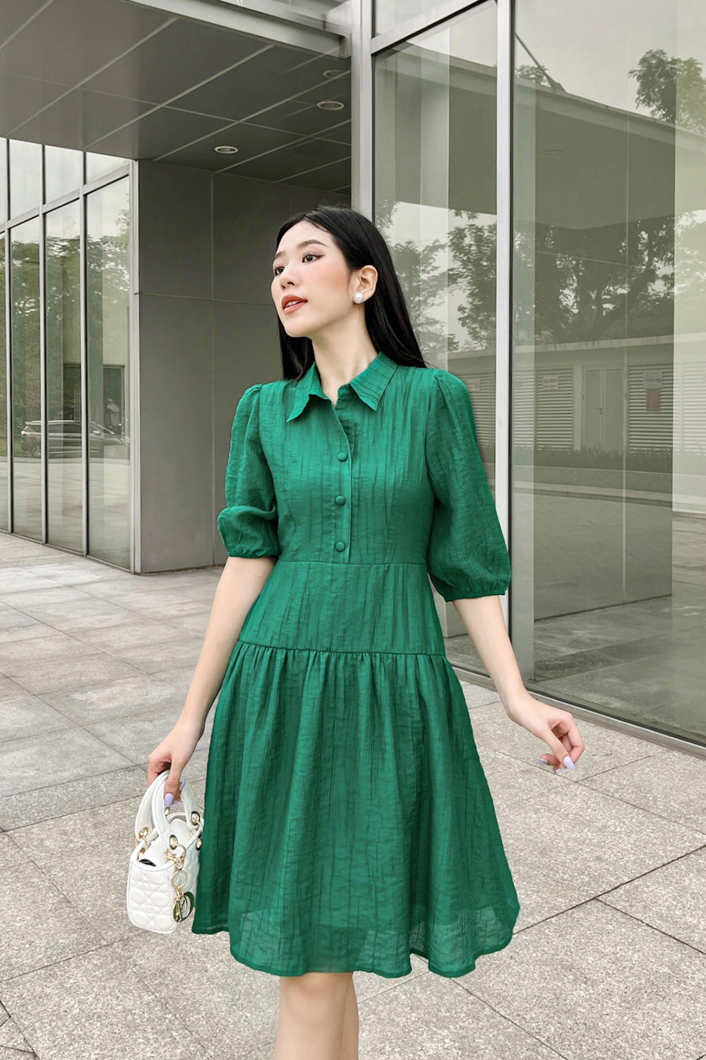 Đầm xòe công sở cổ sơ mi hạ eo