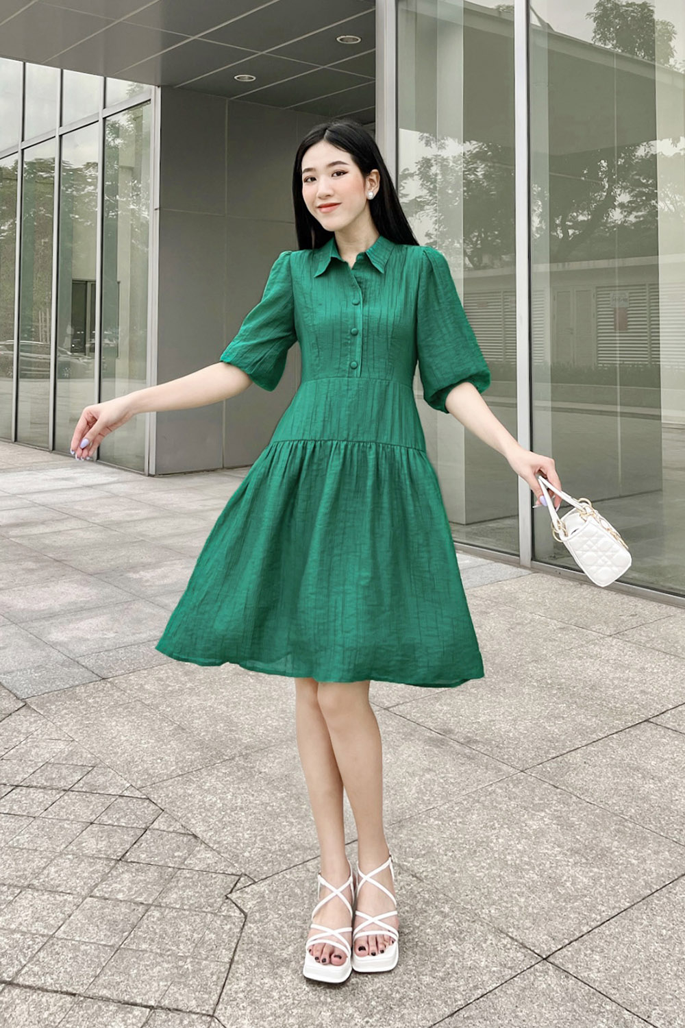 Đầm xòe công sở cổ sơ mi hạ eo