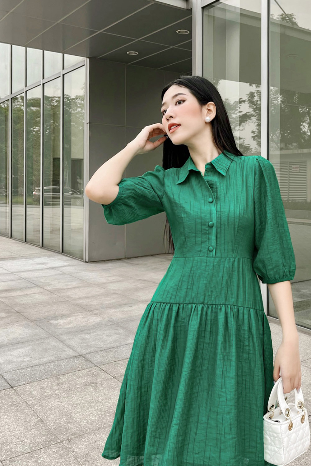 Đầm xòe công sở cổ sơ mi hạ eo