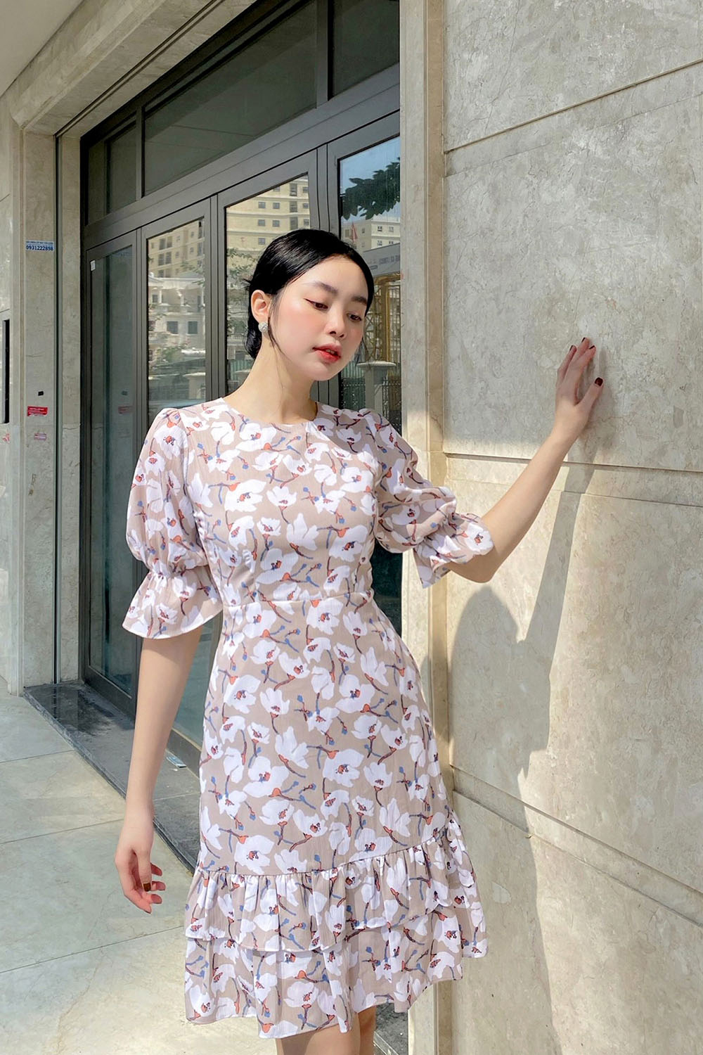 Đầm hoa đuôi cá tay lỡ công sở