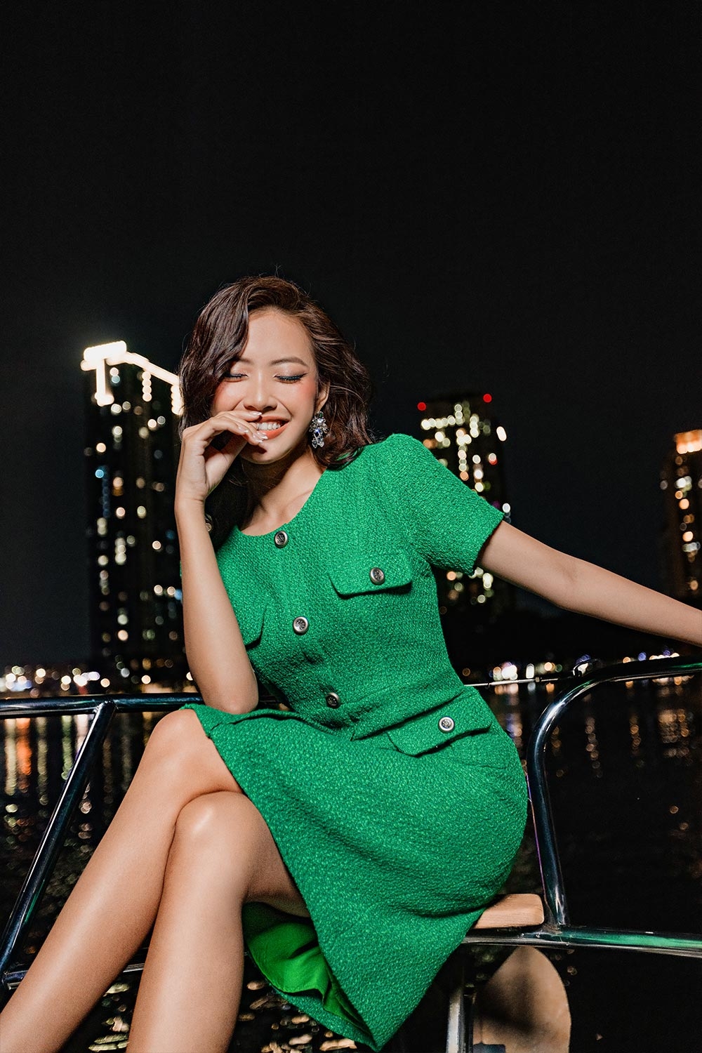 Đầm dự tiệc sơ mi vải tweed màu xanh KK120-39