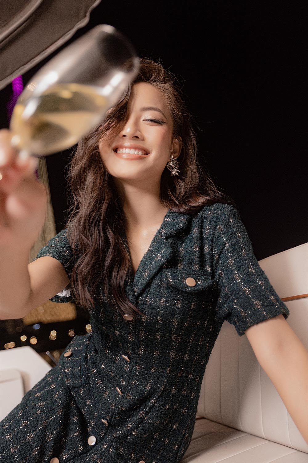 Đầm vải tweed dáng sơ mi phối túi KK120-06