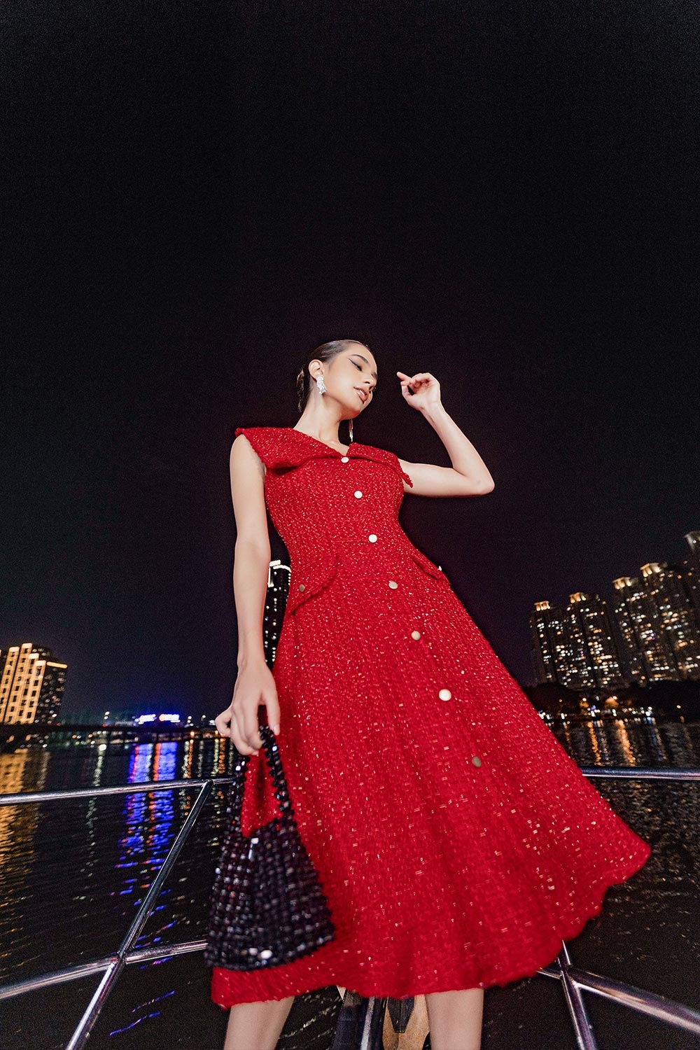 Đầm đỏ dự tiệc dáng xòe vải tweed