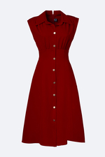 Đầm đỏ xòe kiểu sơ mi nhấn eo cao